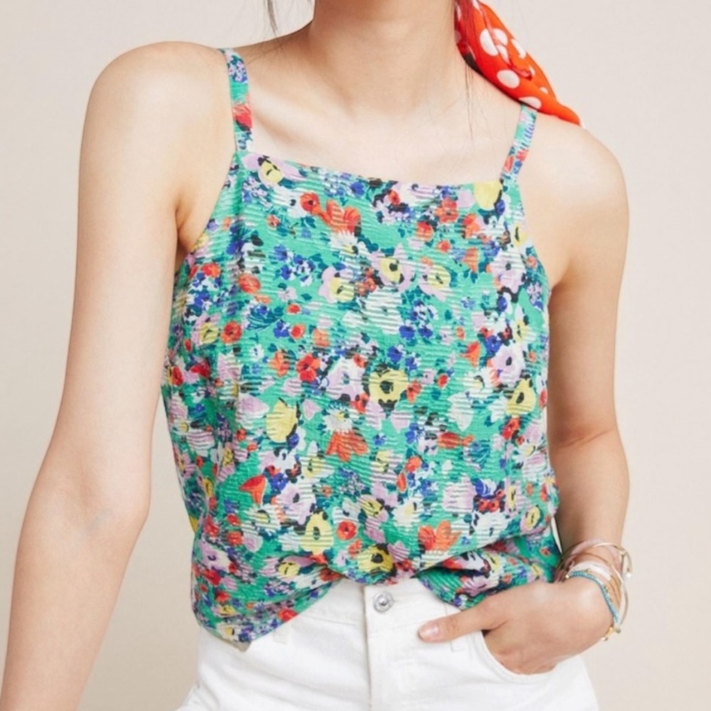 Anthropologie Maeve Quinn Green Floral Textured Camisole Top Size 14 Summer Chic